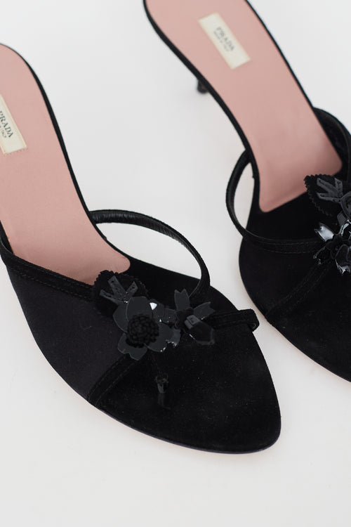 Prada Vintage Black Satin Flower Heeled Sandal