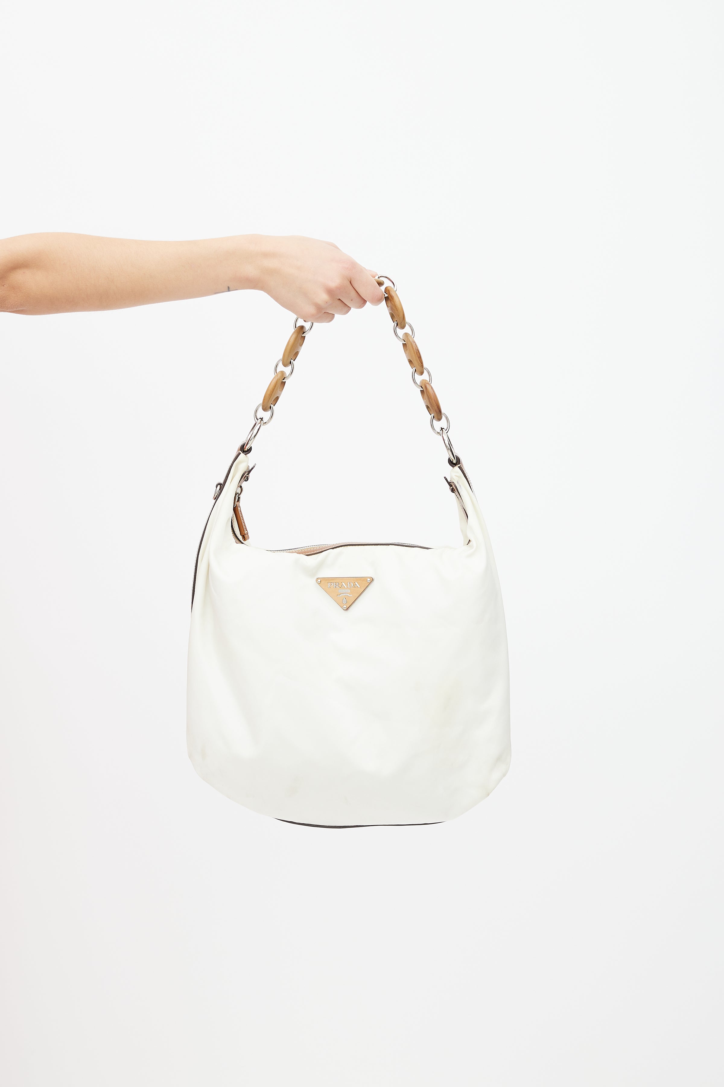Prada // Vintage Cream Nylon & Mariner Wood Shoulder Bag – VSP