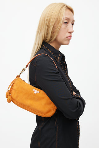 Prada Vintage Orange Suede Pom Pom Shoulder Bag