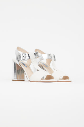 Prada White & Silver Leather Sandal