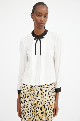 White & Black Silk Bow Trimmed Top