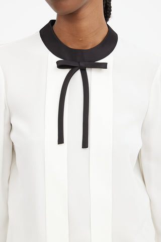 White & Black Silk Bow Trimmed Top