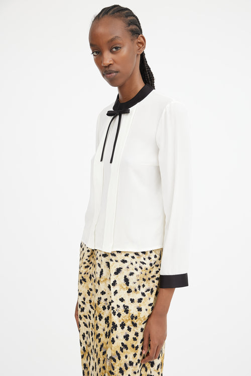 White & Black Silk Bow Trimmed Top