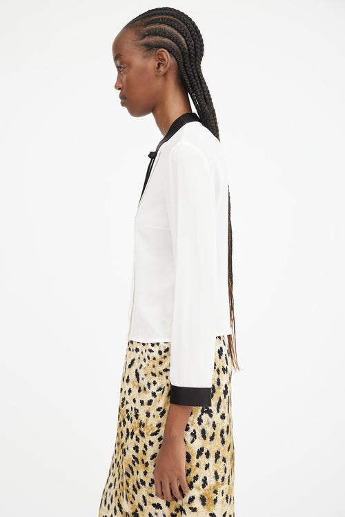 White & Black Silk Bow Trimmed Top