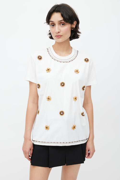 Prada White & Brown Beaded T-Shirt