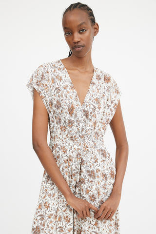 White & Brown Floral Pleated Maxi Dress
