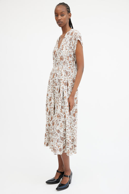 White & Brown Floral Pleated Maxi Dress