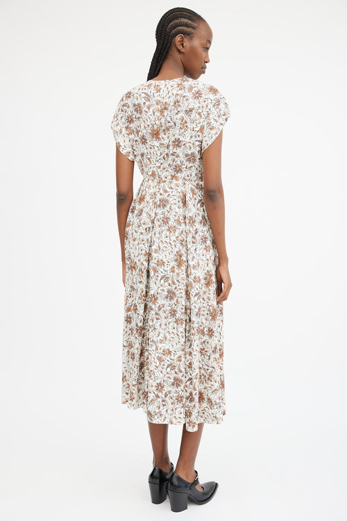 White & Brown Floral Pleated Maxi Dress