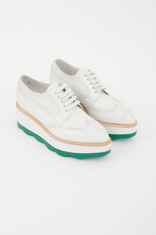 Prada White & Green Leather Platform Brogue
