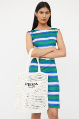 Prada White Raffia Crochet Logo Tote Bag