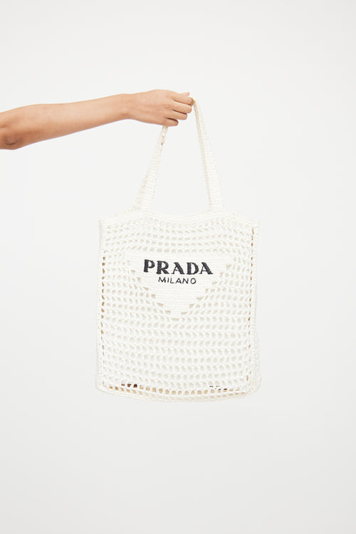 Prada White Raffia Crochet Logo Tote Bag