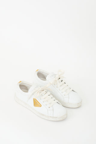 Prada White Leather & Yellow Plaque Logo Sneaker