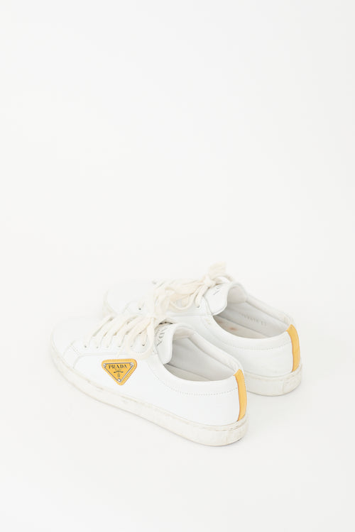 Prada White Leather & Yellow Plaque Logo Sneaker