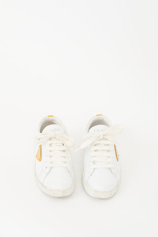 Prada White Leather & Yellow Plaque Logo Sneaker