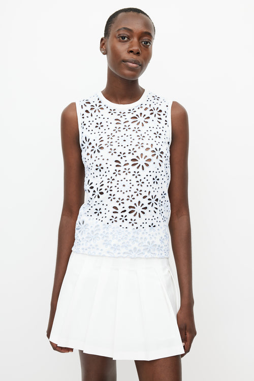 Prada White & Blue Floral Eyelet Top