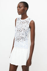 Prada White & Blue Floral Eyelet Top