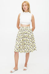 Prada White & Multicolour Floral Pleated Skirt