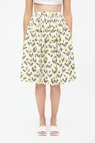 Prada White & Multicolour Floral Pleated Skirt
