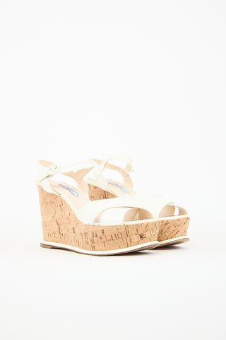 Prada Cream Patent Cork Wedge Sandal