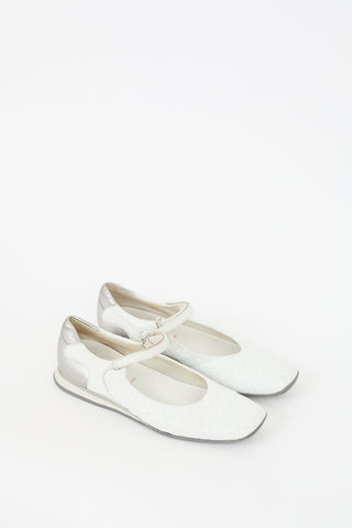 Prada White & Silver Leather Quilted Flat