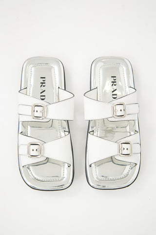 Prada White & Silver Leather Sandal