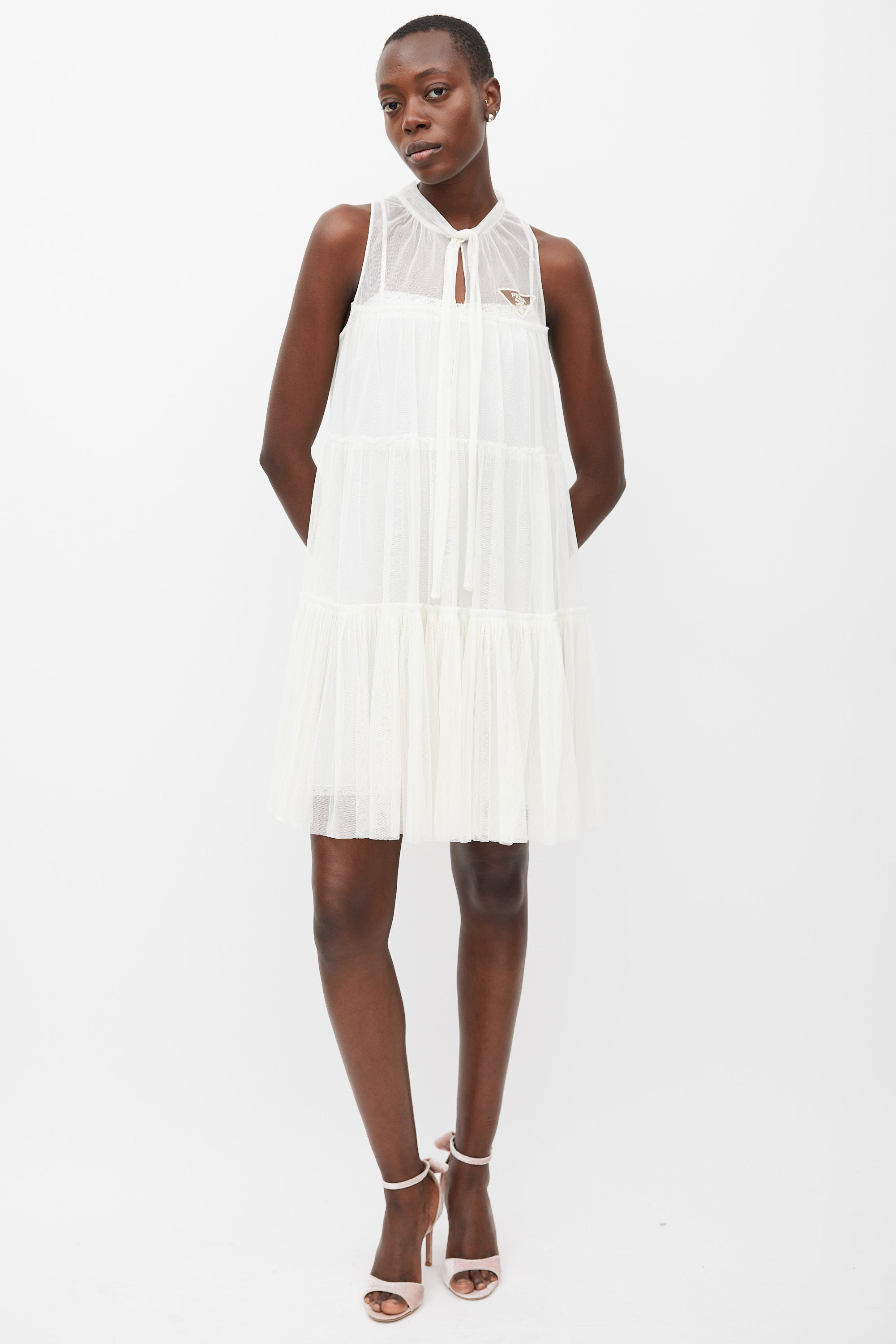 prada white dress Prada // Tiered Mesh Logo Dress – VSP Consignment