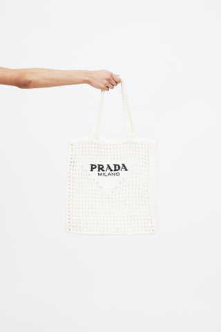 Prada Raffia Crochet Logo Tote Bag