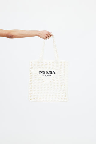 Prada Raffia Crochet Logo Tote Bag