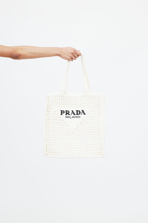 Prada Raffia Crochet Logo Tote Bag
