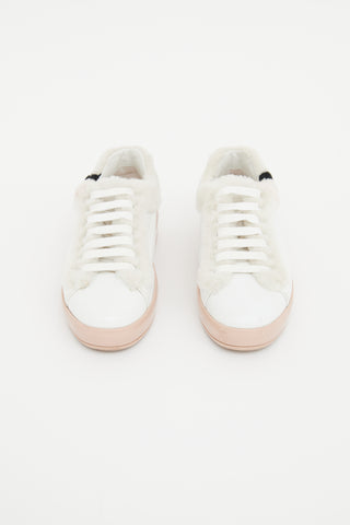 Prada White & Pink Shearling Trim Sneaker