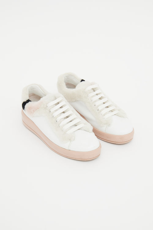 Prada White & Pink Shearling Trim Sneaker