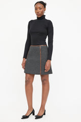 Prada Wool Polka Dot Leather Trim Skirt