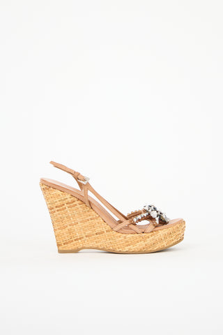Prada Wicker Embellished Wedge Sandal