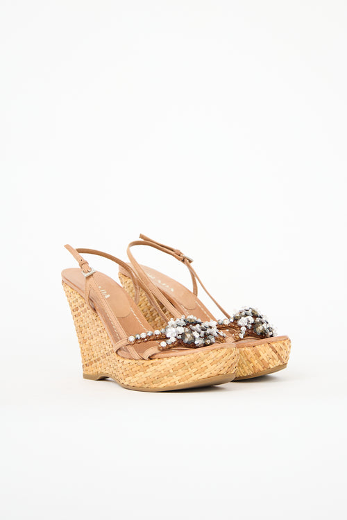 Prada Wicker Embellished Wedge Sandal