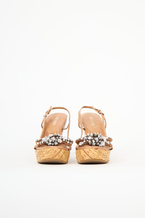 Prada Wicker Embellished Wedge Sandal