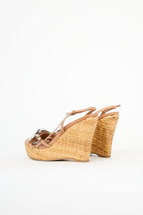 Prada Wicker Embellished Wedge Sandal