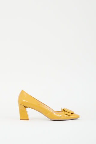 Prada Yellow Patent Buckled Square Toe Pump