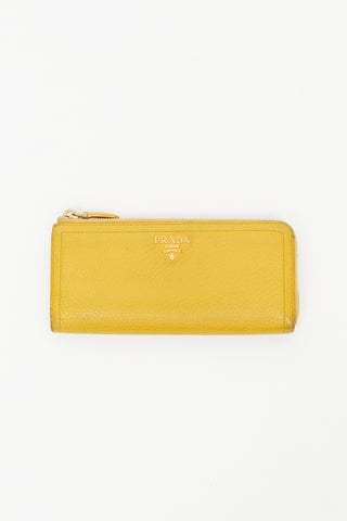 Prada Yellow Pebbled Leather Zip Wallet