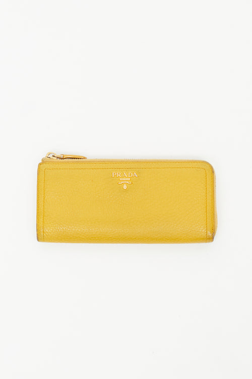 Prada Yellow Pebbled Leather Zip Wallet
