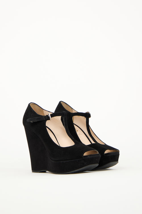 Prada Black Suede Peep Toe Wedge Heel