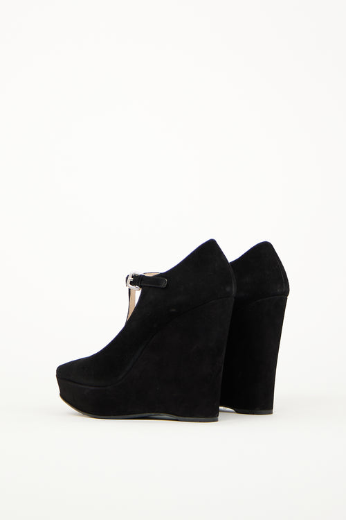 Prada Black Suede Peep Toe Wedge Heel