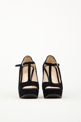 Prada Black Suede Peep Toe Wedge Heel