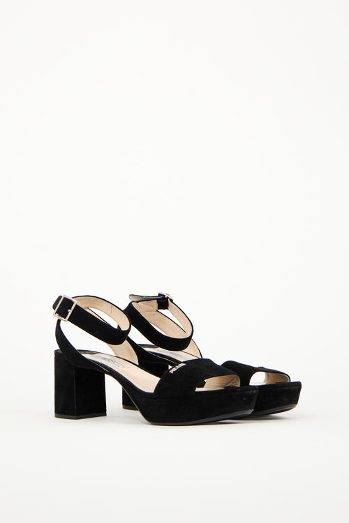 Prada Black Suede Logo Heeled Sandal