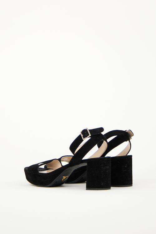 Prada Black Suede Logo Heeled Sandal