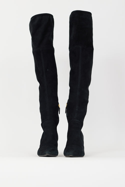 Prada Black Suede Thigh High Heeled Boot
