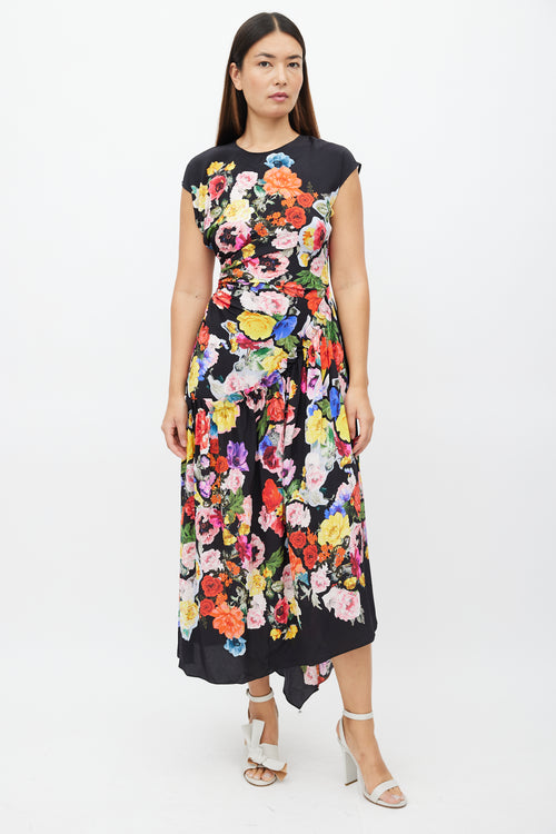 Preen Black & Multi Floral Ruched Dress