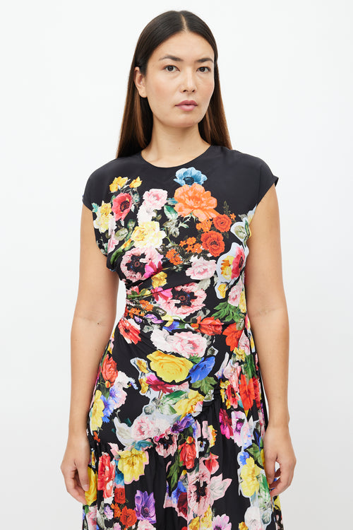 Preen Black & Multi Floral Ruched Dress