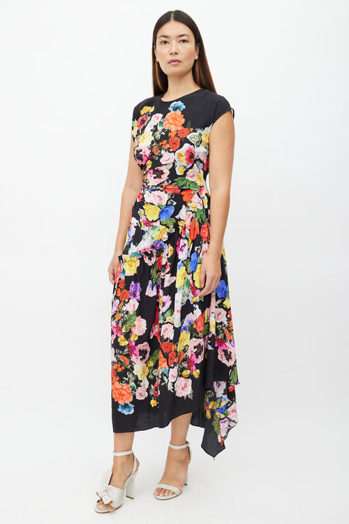 Preen Black & Multi Floral Ruched Dress
