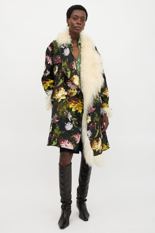 Preen Floral Brocade & Shearling Coat
