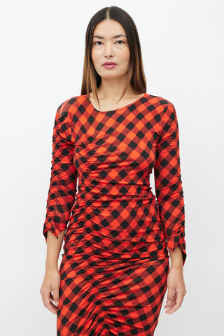 Preen Red & Black Plaid Ruched Dress